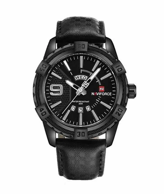 Naviforce NF9117 - Black PU লেদার এনালগ ওয়াচ ফর মেন - ব্ল্যাক